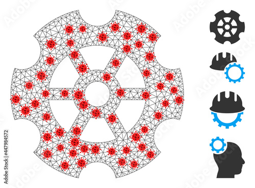 Net gear in infection style. Polygonal carcass gear image in low poly style with combined linear items and red virus elements. Vector model is created from gear with virus items.