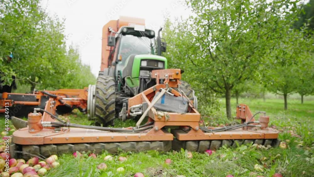 A tractor with an apple harvester tool collects apples automatically from the ground to an apple storage on the back A tractor with an apple harvester tool collects apples automatically from the ground to an apple storage on the back