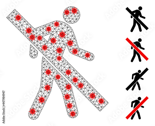Polygonal forbidden walking man with lockdown style. Polygonal carcass forbidden walking man image in low poly style with connected lines and red coronavirus centers.