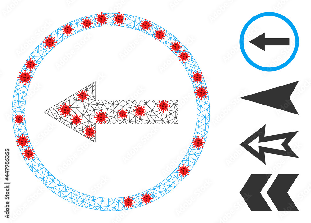 Mesh left rounded arrow in infection style. Mesh carcass left rounded arrow image in low poly style with combined linear items and red virus items.