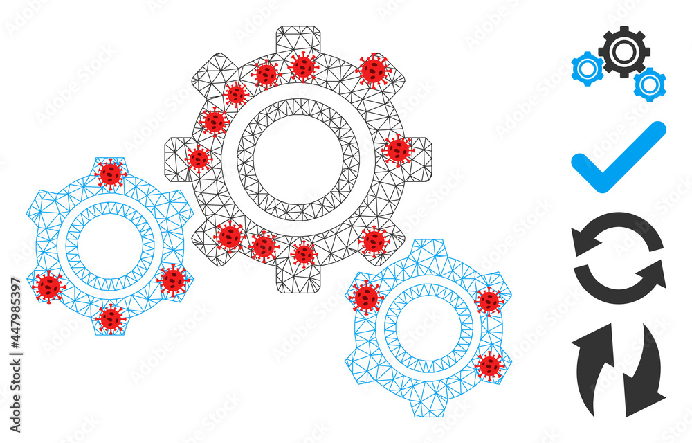 Polygonal gears with outbreak style. Polygonal carcass gears image in lowpoly style with connected linear items and red coronavirus items. Vector structure is created from gears with virus nodes.