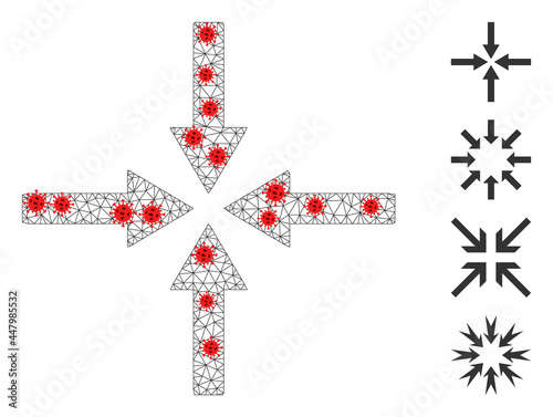 Net impact arrows with outbreak style. Mesh carcass impact arrows image in lowpoly style with combined linear items and red covid items. Vector model is created from impact arrows with virus centers.