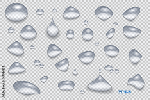 set of realistic transparent water drops or water drop liquid clear style or realistic aqua drop splashes concept. eps vector