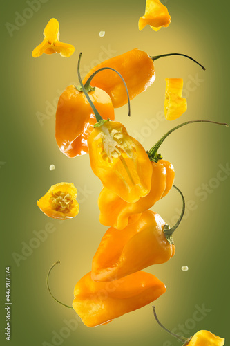 Orange habanero pepper. A group of objects. Levitation. Pale green background. Interesting lighting. Spice. Abstraction. Background. Wallpaper. Texture.