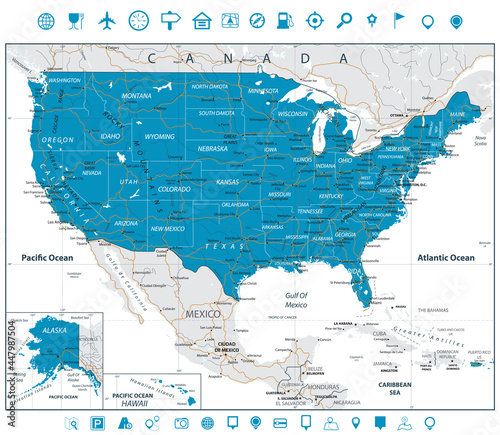 USA Road Map and line navigation icons