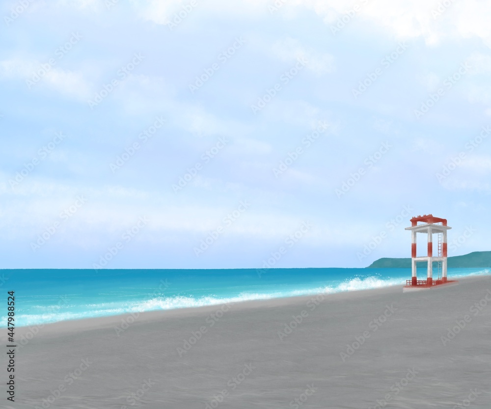 Der-Yen beach, a digital painting of seascape of sand and rock beach with blue sky and lighthouse in Hualien, Taiwan raster 3D illustration anime background. Der-Yen beach, a digital painting of seascape of sand and rock beach with blue sky and lighthouse in Hualien, Taiwan raster 3D illustration anime background.