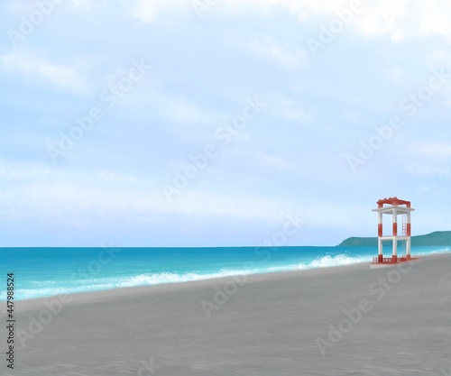 Der-Yen beach, a digital painting of seascape of sand and rock beach with blue sky and lighthouse in Hualien, Taiwan raster 3D illustration anime background. © Phasuthorn Design