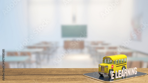 school bus on tablet for e-learning concept 3d rendering.