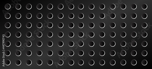 Peg board with round holes. Black rectangle peg board perforated texture background for working bench tools. Vector illustration.