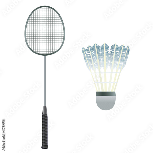 Badminton equipment. Badminton racket and shuttlecock. 