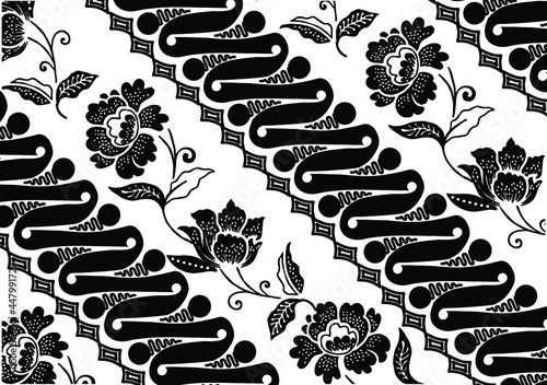 Parang Batik motif, in the pattern of developing Javanese Indonesian batik patterns, diagonal modern style, repeated patterns in black and white