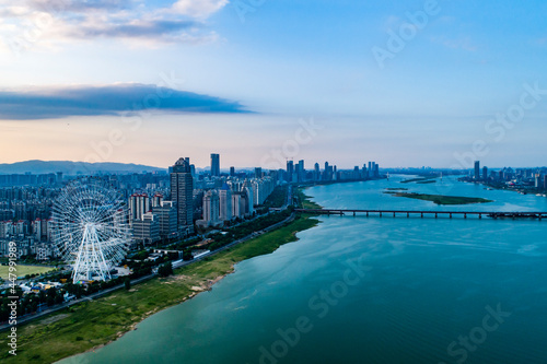 Photography panorama of the river and the city