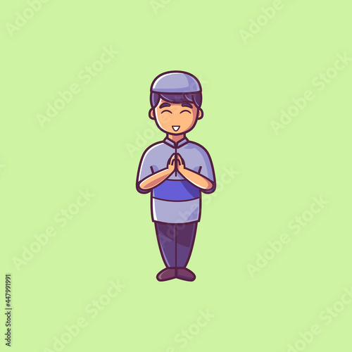 Muslim boy with greeting hands. Namaste hand