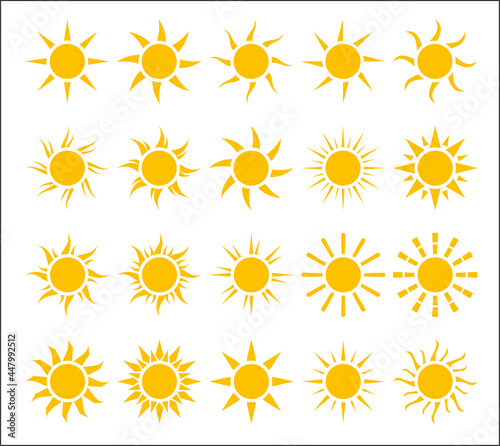 Sun icons vector on white background Sunrise & sunset icons collection. Flat vector icons. Morning sunlight icons Sunshine vector sign. Sunset icon collection vector illustration