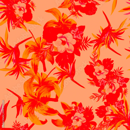 Pink Pattern Illustration. Ruby Seamless Foliage. Scarlet Tropical Exotic. Coral Flower Art. Red Wallpaper Foliage. Decoration Leaves. Watercolor Art.