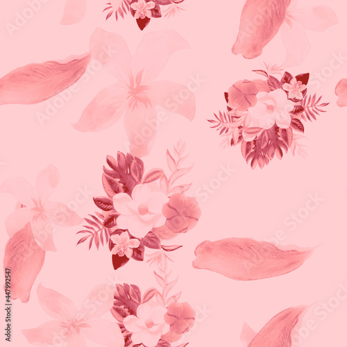 Pink Seamless Palm. Gray Pattern Art. White Tropical Leaves. Coral Flower Leaves. Flora Textile. Watercolor Botanical. Floral Botanical. Summer Vintage.