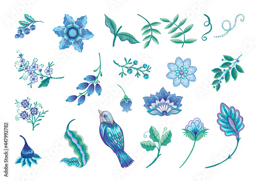 Fantasy flowers in retro, vintage, jacobean embroidery style. Embroidery imitation isolated on white background. Vector illustration. Set of elements for design, clip art.