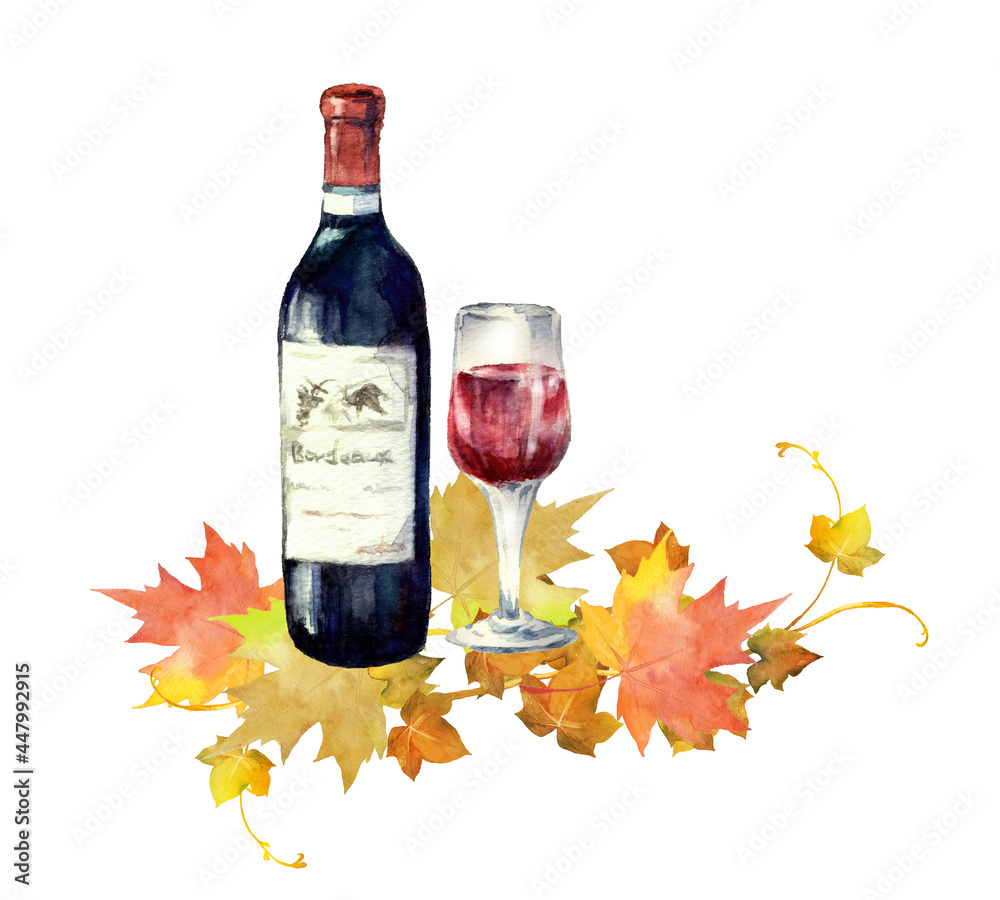 赤ワインと紅葉の葉 水彩イラスト Stock Illustration Adobe Stock