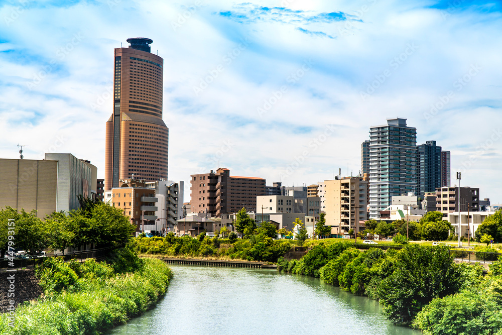 Fototapeta premium 晴れの日の静岡県浜松市中心部アクトシタワーと馬込川