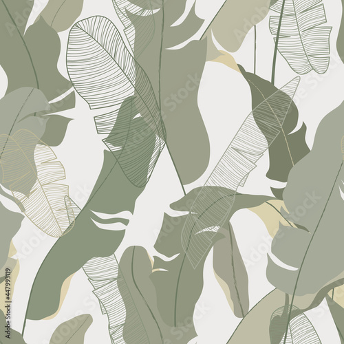Foliage seamless pattern, hand drawn banana leaves on bright grey