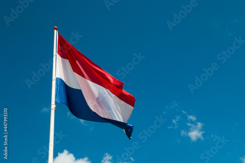 Vászonkép flag of the netherlands moving in a blue sky