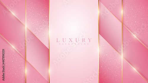 Pink luxury background with glitter gold lines, Modern cover design. Vector illustration.