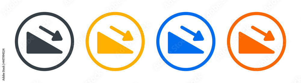 Inclined surface with arrow down icon. Slope icon set in different color.