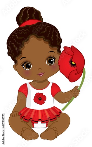 Cute African American Baby Girl Holding Poppy. Vector Baby Girl with Poppy 