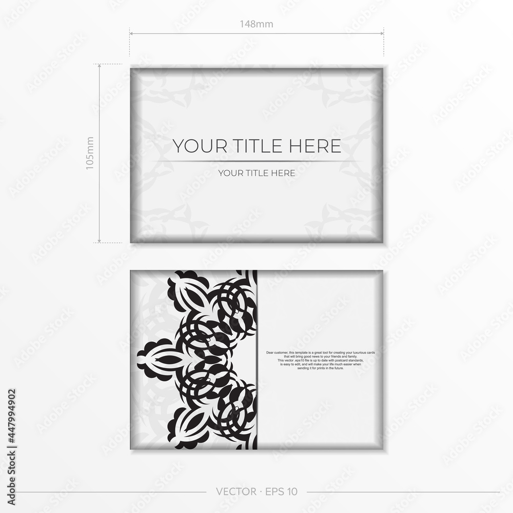 Luxurious white rectangular postcard template with vintage abstract mandala ornament. Elegant and classic vector elements are great for decoration.