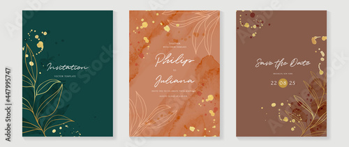Abstract art background vector. Luxury invitation card background with golden line art and Watercolor brush texture. Vector invite design for wedding and vip cover template.