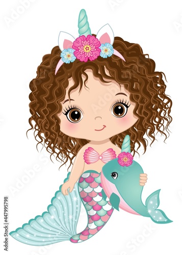 Cute Unicorn Baby Mermaid Holding Whale. Vector Unicorn Baby Mermaid