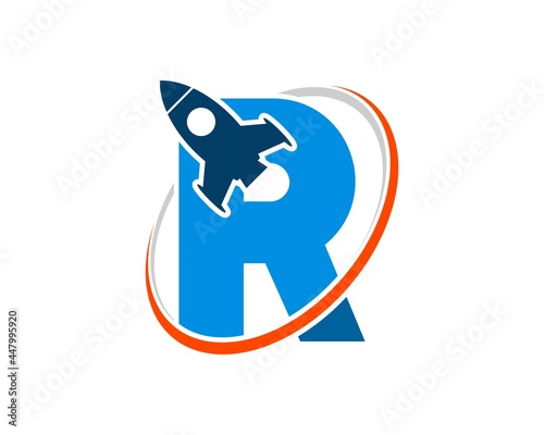 R letter initial with rocket launch and oval swoosh inside