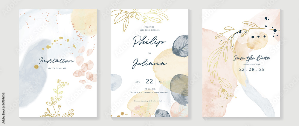 Abstract art background vector. Luxury invitation card background with golden line art and Watercolor brush texture. Vector invite design for wedding and vip cover template.