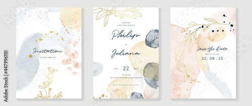 Abstract art background vector. Luxury invitation card background with golden line art and Watercolor brush texture. Vector invite design for wedding and vip cover template.