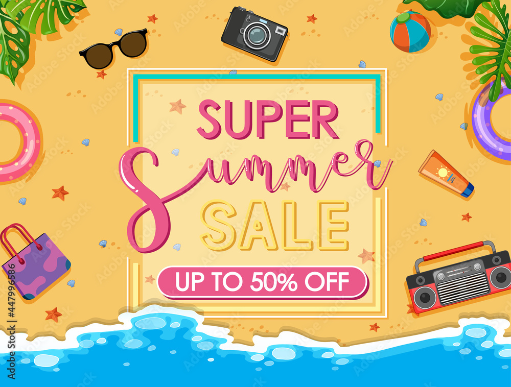 Super Summer Sale text banner with beach items Super Summer Sale text banner with beach items