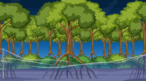 Nature scene with Mangrove forest at night in cartoon style