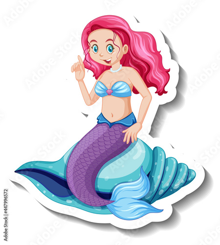 A sticker template with beautiful mermaid cartoon character