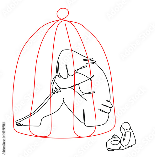 a continuous drawing of a little girl locked in an iron cage. Restriction of the rights of the child, The concept of violence in the family of children, the concept of the psychology of education