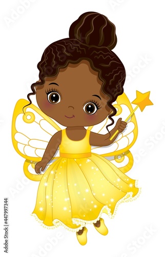 Cute African American Fairy Wearing Yellow Dress and Holding Magic Wand