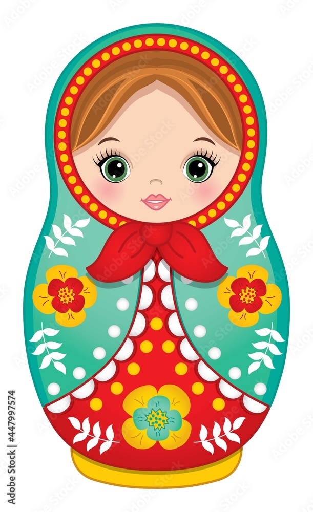 Cute Russian Matryoshka in Red and Green Colours. Vector Nesting Doll Cute Russian Matryoshka in Red and Green Colours. Vector Nesting Doll