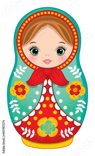 Cute Russian Matryoshka in Red and Green Colours. Vector Nesting Doll