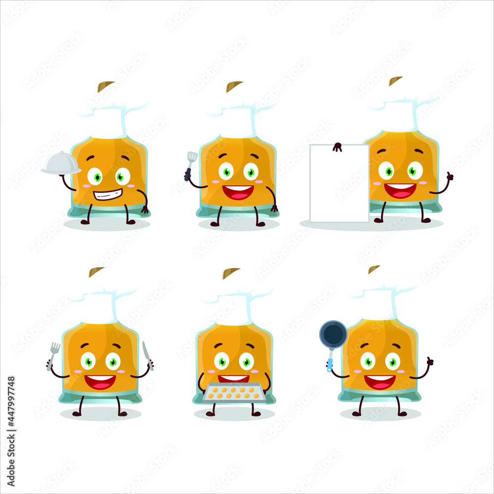 Cartoon character of vodka bottle with various chef emoticons. Vector illustration Cartoon character of vodka bottle with various chef emoticons. Vector illustration
