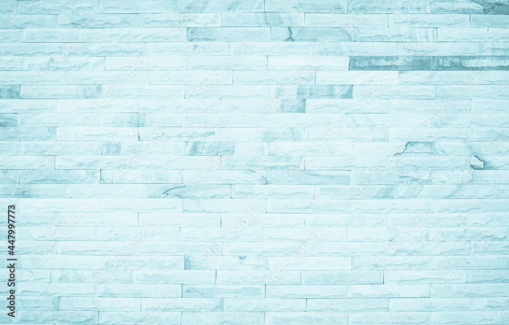 Fototapeta premium Pastel Blue and White brick wall texture background. Brickwork painted of blue color interior rock old pattern clean concrete decoration.