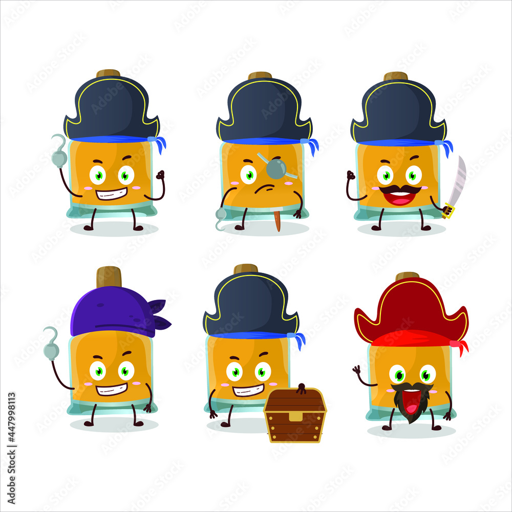 Cartoon character of vodka bottle with various pirates emoticons. Vector illustration Cartoon character of vodka bottle with various pirates emoticons. Vector illustration