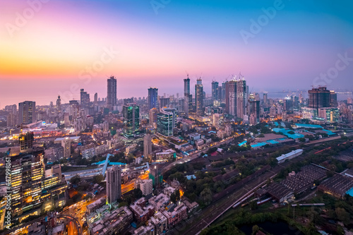 Colourful hues of the sky over the cityscape of Mumbai at dusk, as seen from Currey Road.