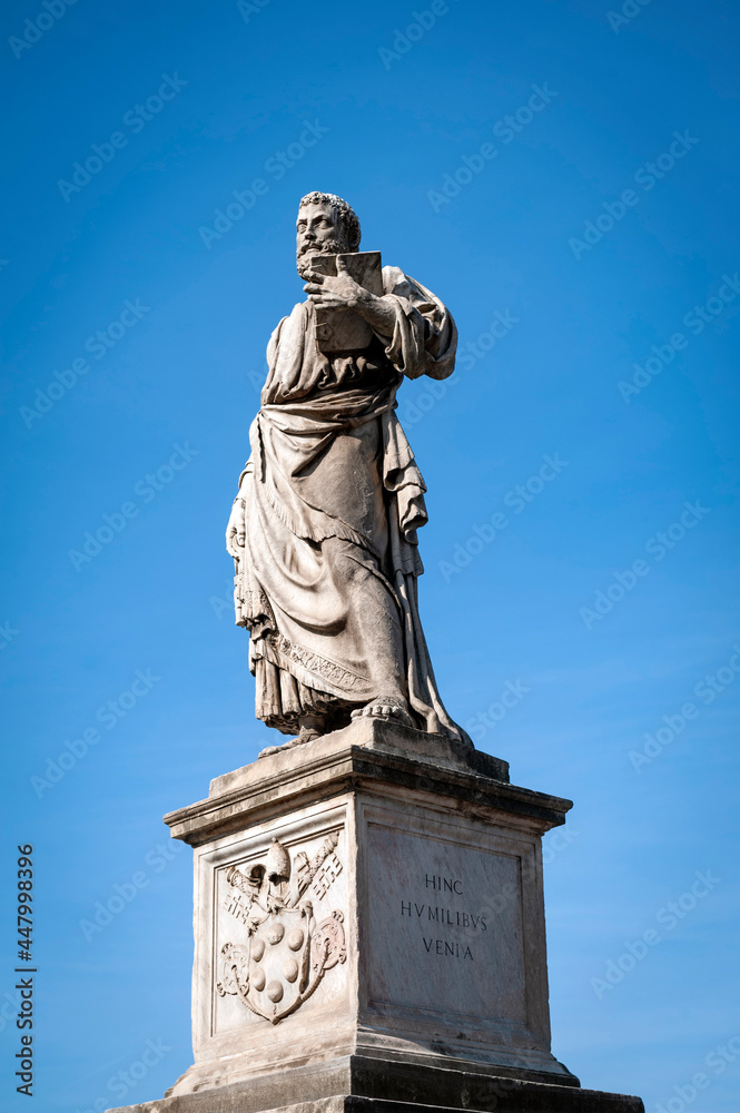 Statue of St. Peter by Lorenzetto with the inscription at Castel Sant'Angelo (Castle of the Holy Angel) or The Mausoleum of Hadrian in Rome, Italy