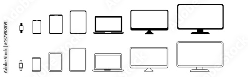 Device icons set. Devices collection smartphone, smartwatch, TV, tablet, laptop and desktop computer. Flat style.