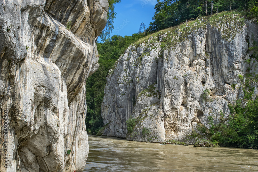 Summer landscape with massive picturesque rocks on the banks of the Danube River (Germany). Close-up of rocks texture. Danube greenish water, old trees on cliff tops, blue sky 