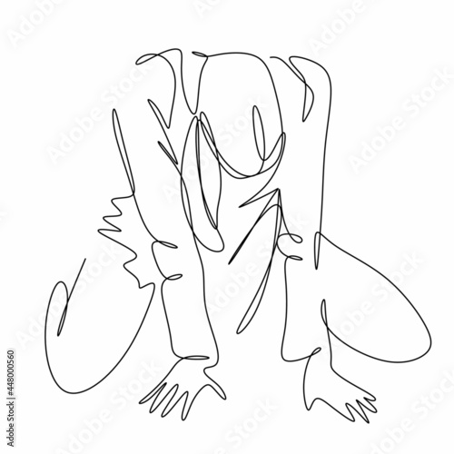 continuous drawing a young woman sits and presses her knees to her chest depression of loneliness, depression of spirit. A concept with mental disorders. World Suicide Prevention Day.