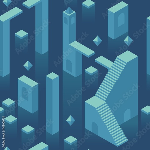Blue minimal Abstract underwater city seamless pattern. Atlantis fantasy landscape. Psychology, deep of subconscious concept. Stock vector illustration in flat isometric style.